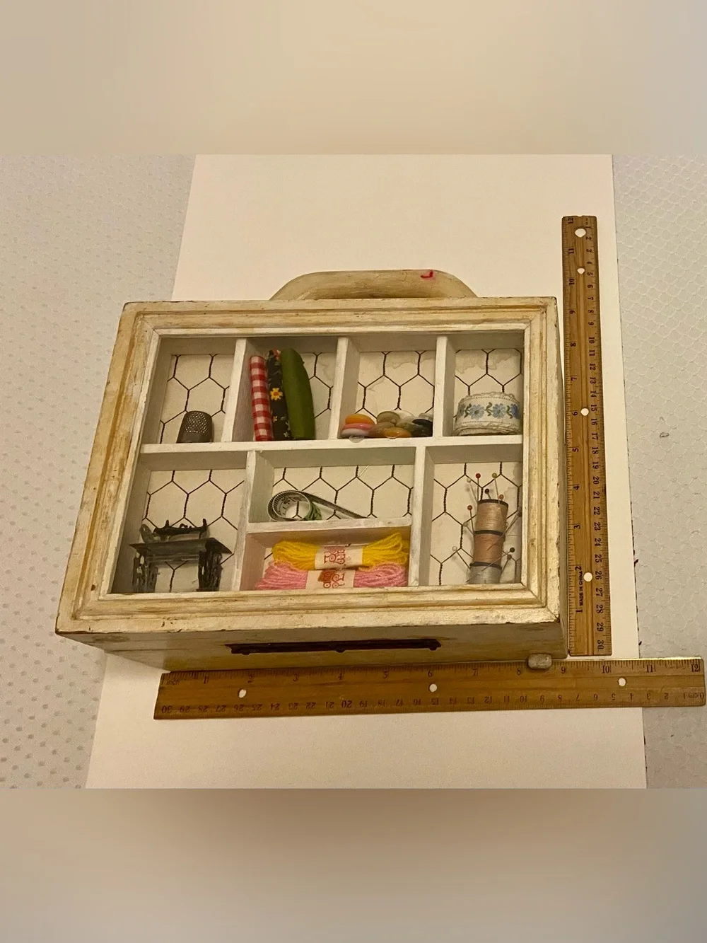 Vintage-Inspired White Wooden Sewing Storage / Purse. Signs of age, wear.